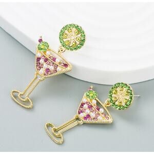 Extra Dry Martini Cocktail Design Glamorous Rhinestone Inlaid Dangle Earrings